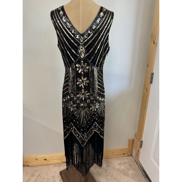 Black Dress with Gold sequins M With Bottom Fringe,Sexy,Heavy Embellishments - Picture 11 of 13